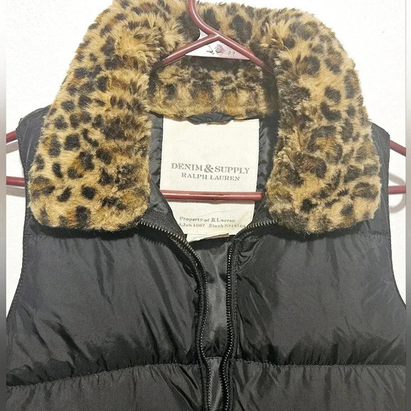 Ralph Lauren Denim & Supply Down Small Vest Leopard Faux Fur Black - Picture 4 of 12